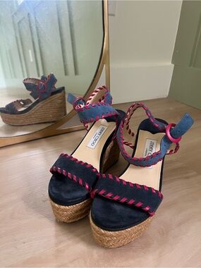 Jimmy Choo Navy Suede Wedge Sandals with Pink Trim